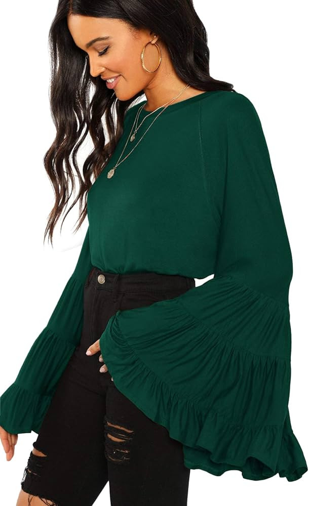 Floerns Women's Casual Boho Ruffle Long Bell Sleeve Tops Tee Shirt | Amazon (US)