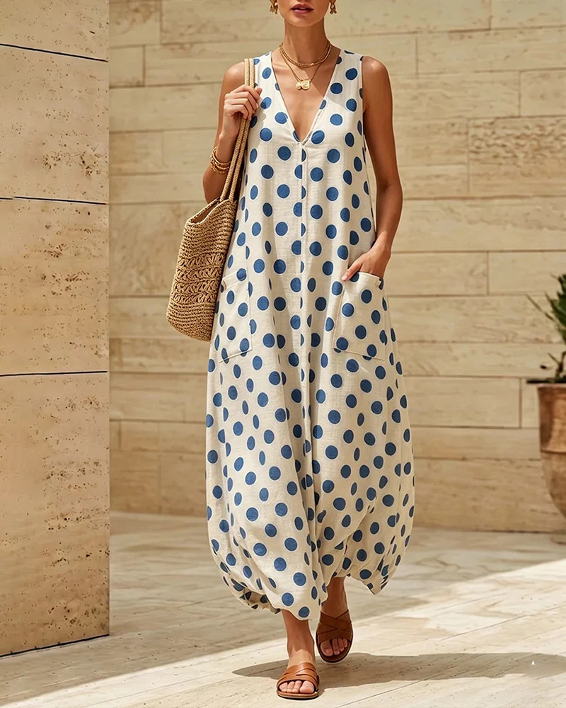 Chic Summer Polka Dot Sleeveless Dress with Pockets | Zeagoo