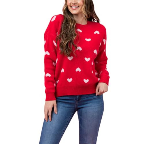 Women Cute Heart Print Sweaters Long Sleeve Valentines Day Love Pullover Casual Crew Neck Knitted Jumper Tops(Knit Red,Large) | Amazon (US)