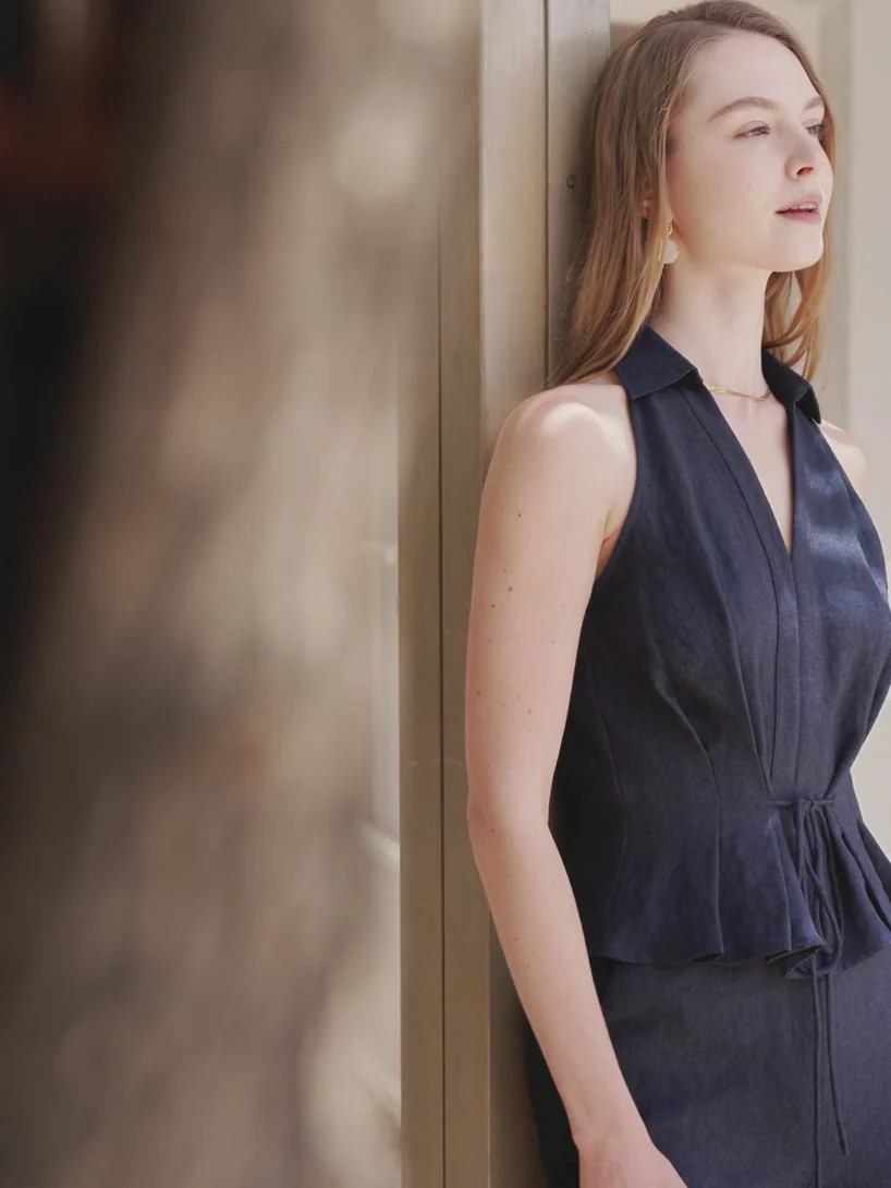 Collared V-neck Pleated Sleeveless Top with Drawstring | OGLmove