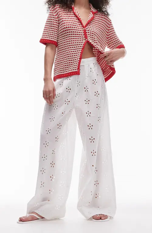 Topshop Cotton Eyelet Wide Leg Cover-Up Pants in White at Nordstrom, Size Small | Nordstrom