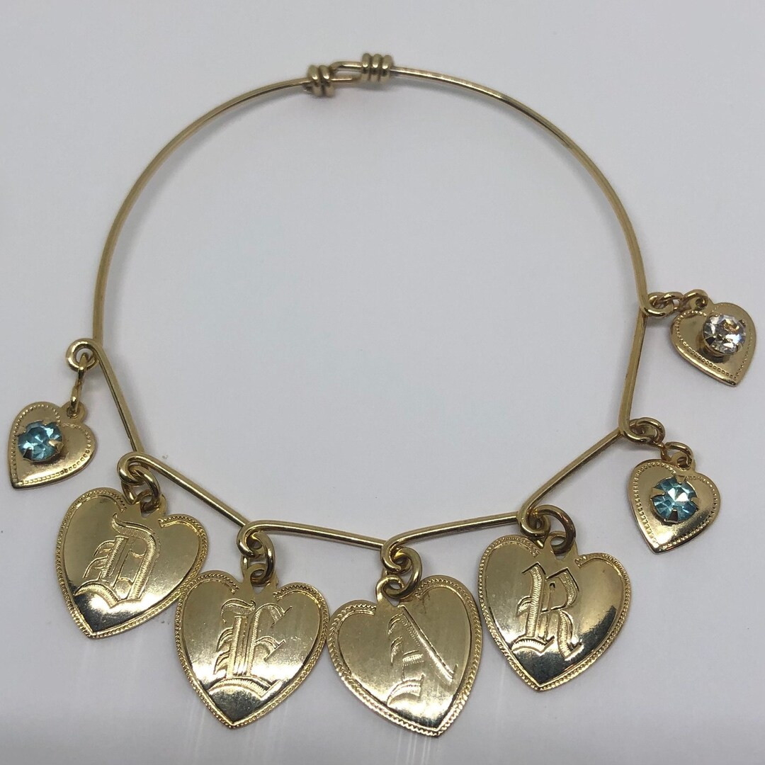 Vintage 1940's Sweetheart DEAR Charm Bracelet, White & Blue Rhinestone Heart Charms, 8 L - Etsy | Etsy (US)