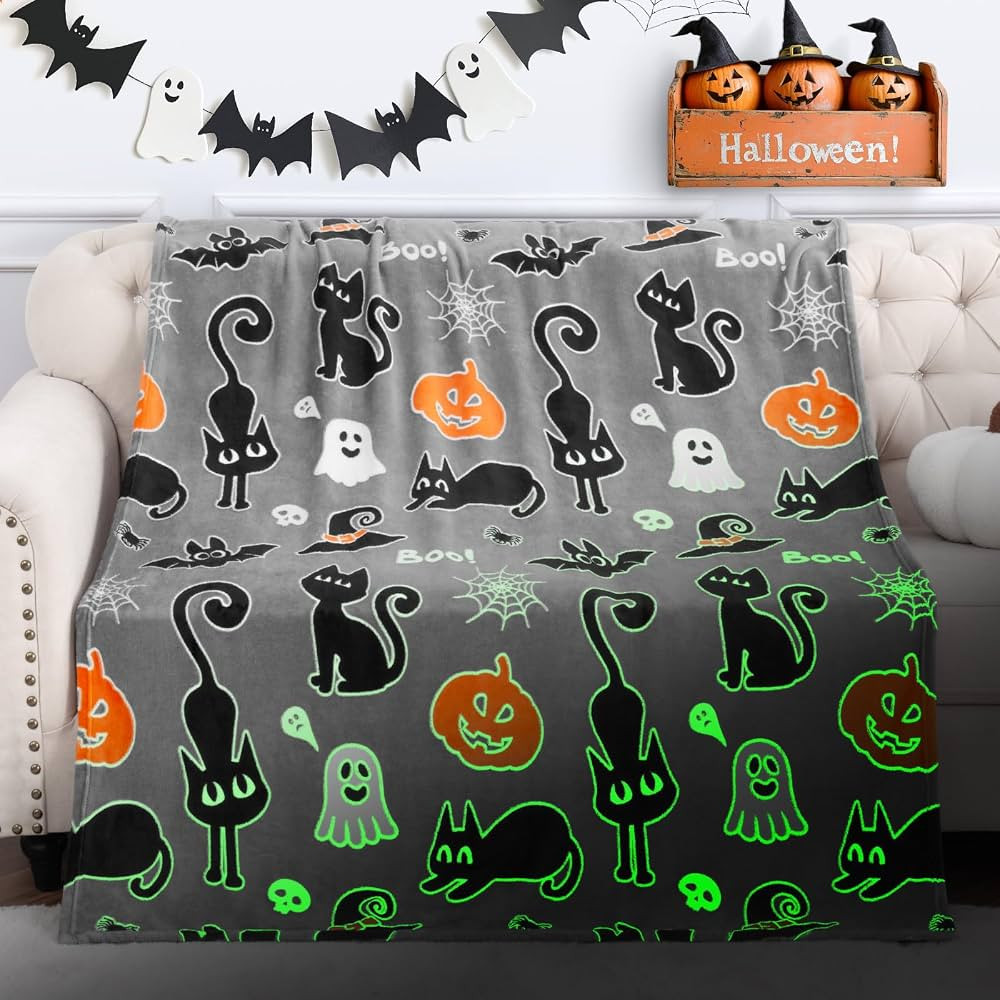 Halloween Glow in The Dark Blanket Gifts Toy for Boys Girls Daughter Son Glowing Black Cat Pumpki... | Amazon (US)