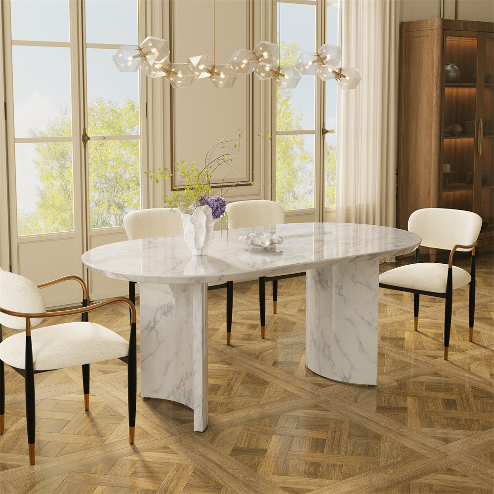 White Oval Curved-Base Marble Dining Table for 6 | POVISON