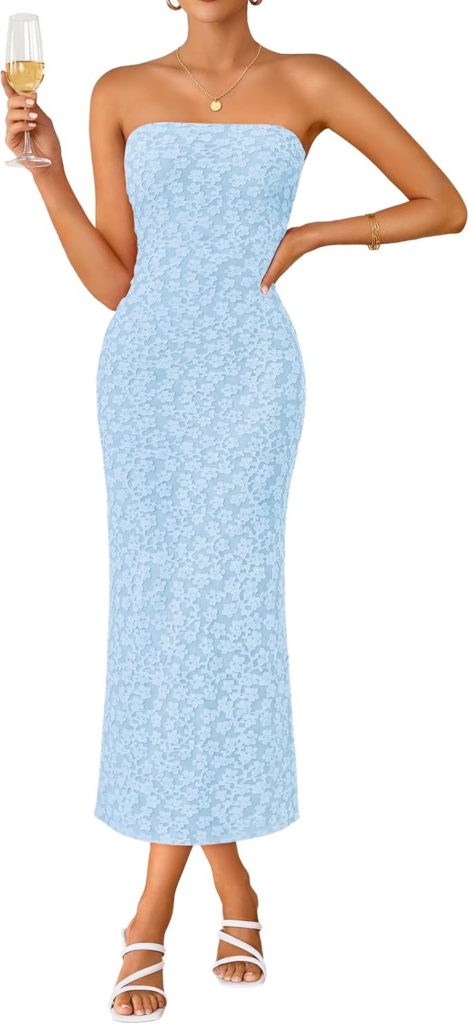 ZESICA Women's 2026 Summer Floral Strapless Bodycon Midi Dress Off Shoulder Beach Formal Cocktail... | Amazon (US)
