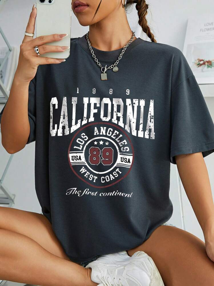 INAWLY Letter Graphic Drop Shoulder Tee Graphic Tees Women Tops | SHEIN