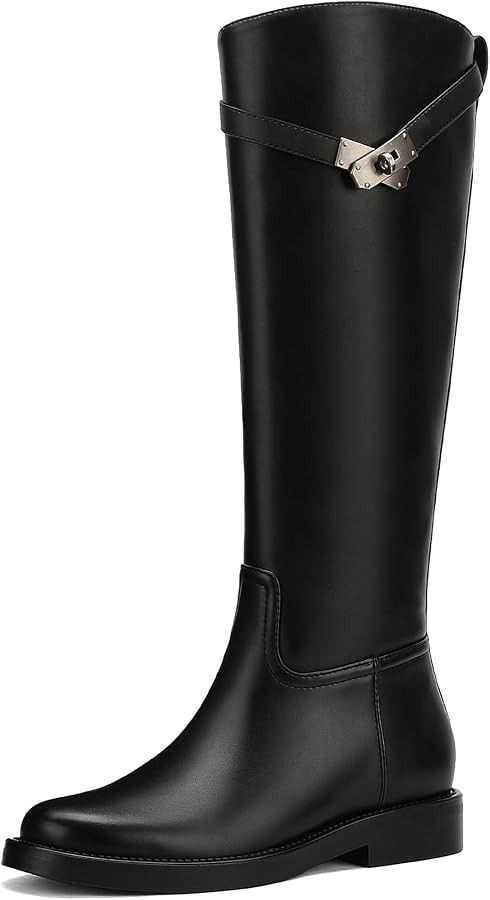Knee High Boots Women | Tall Riding Faux Leather Low Heel Boots | Round Toe Pull On Wide Calf with Buckle Strap Comfort for Fall | Winter Dress | Amazon (US)