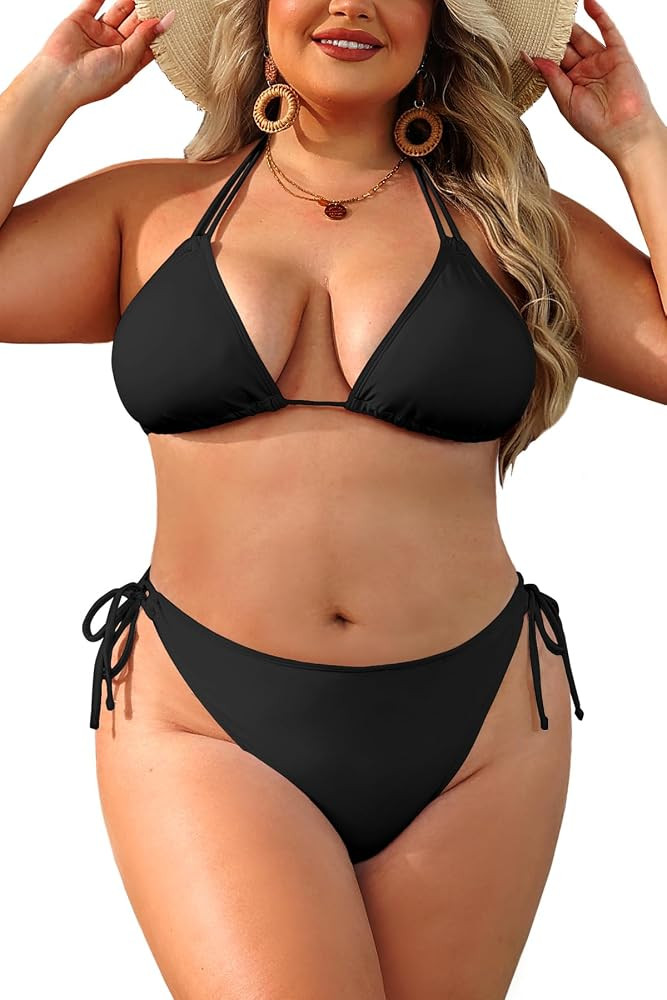 Daci Plus Size Triangle Bikini Set Two Piece Double Straps Halter Swimsuit | Amazon (US)