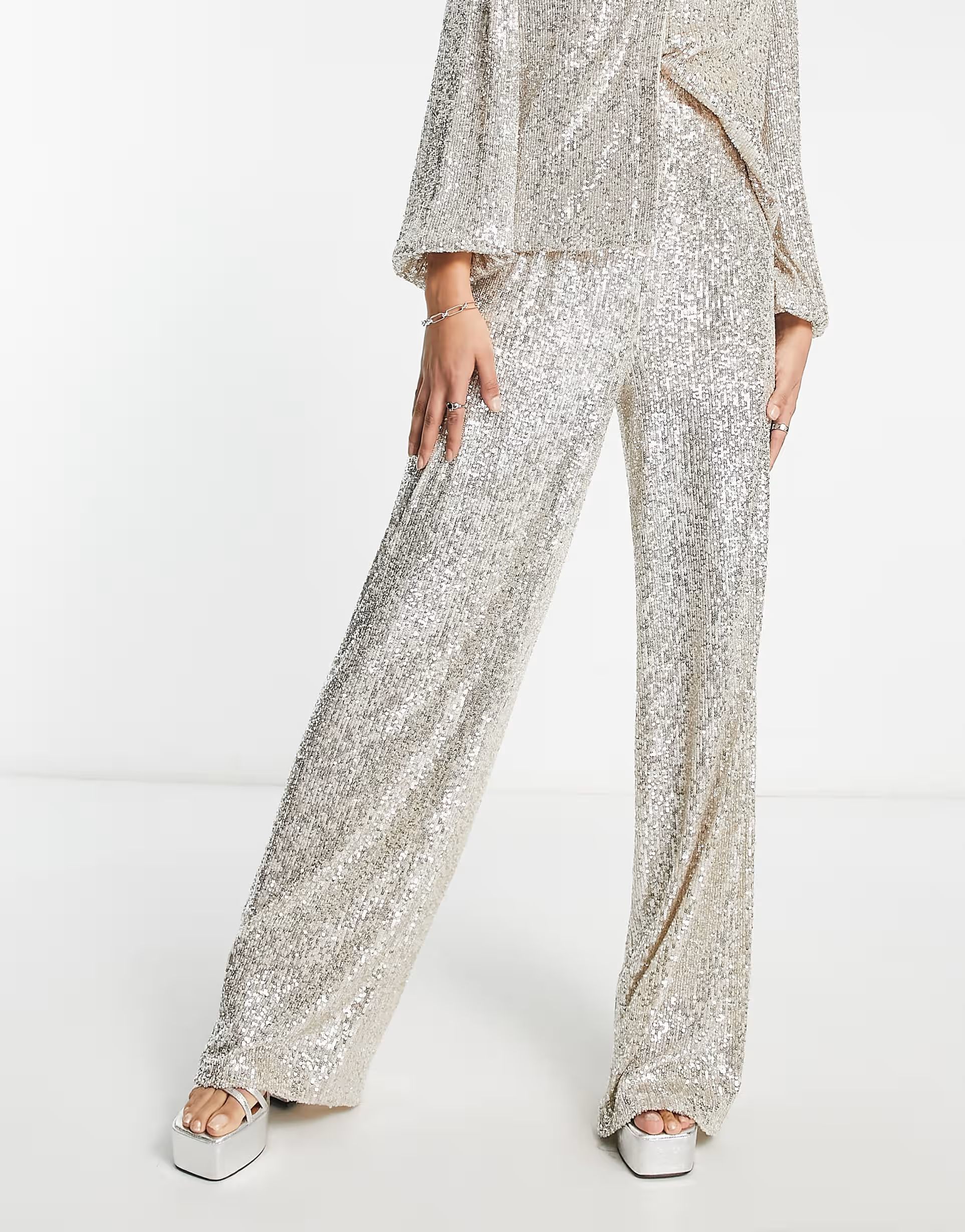 Flounce London Tall wide leg pants in silver metallic sparkle - part of a set | ASOS (Global)