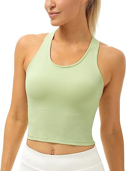 icyzone Padded Racerback Workout Tank Tops for Women, Ribbed Athletic Yoga Crop Tops with Built i... | Amazon (US)