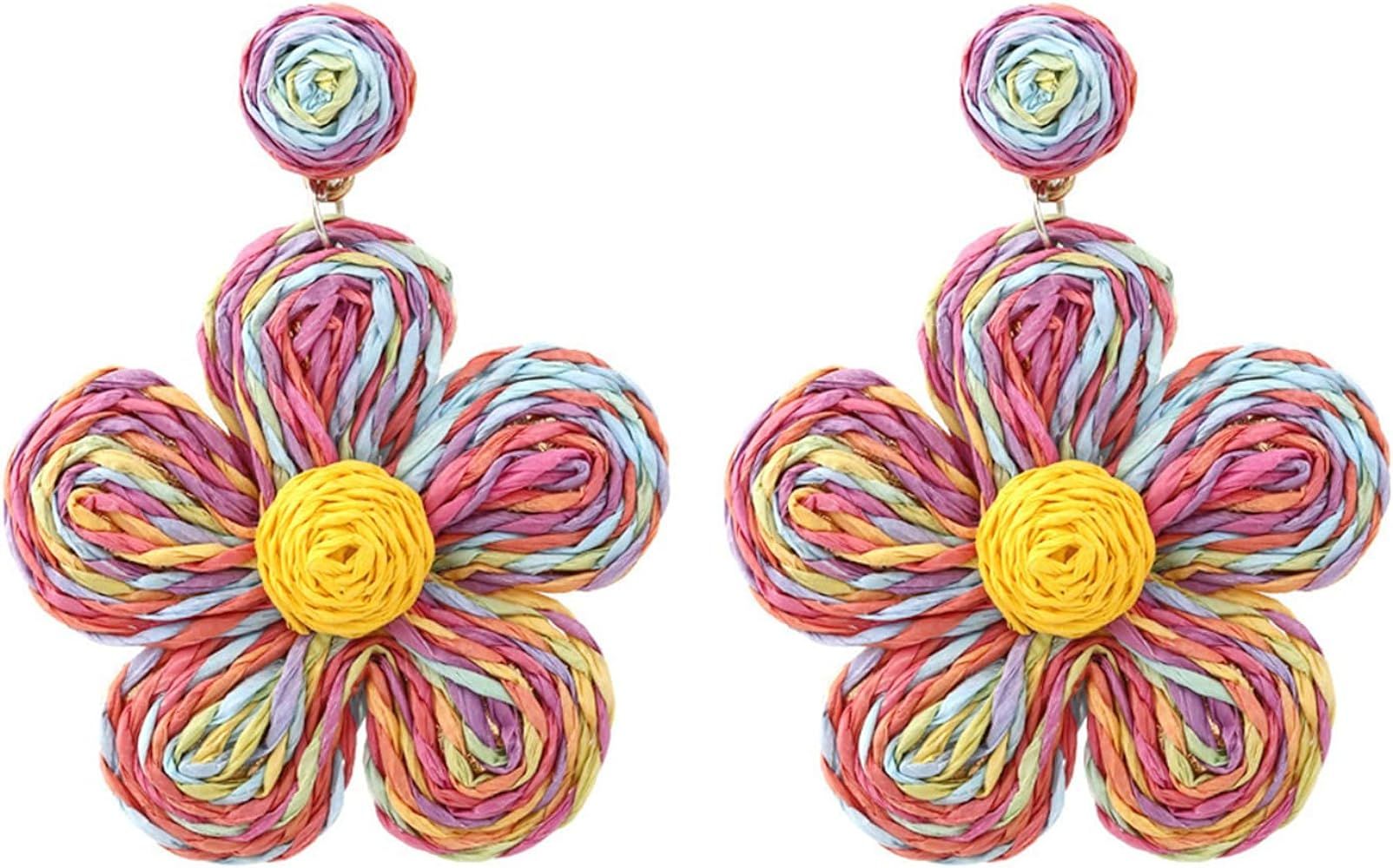 Bohemian Rattan Flower Drop Dangle Earring for Women Girl Teen Boho Colorful Raffia Straw Wicker ... | Amazon (US)