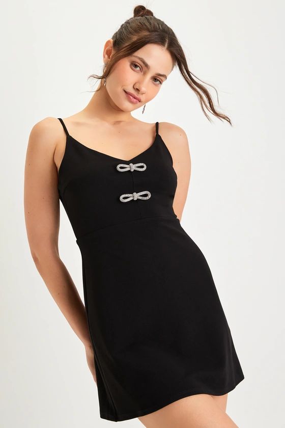 Chic Luxury Black Rhinestone Bow Sleeveless Mini Dress | Lulus (US)