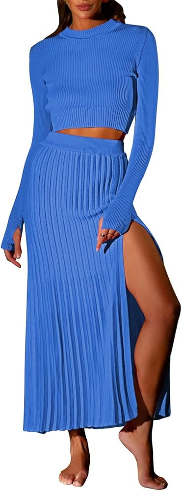Duigluw Women 2 Piece Outfits Winter Long Sleeve Crop Top Bodycon Pleated Skirt Knit Sweater Dres... | Amazon (US)