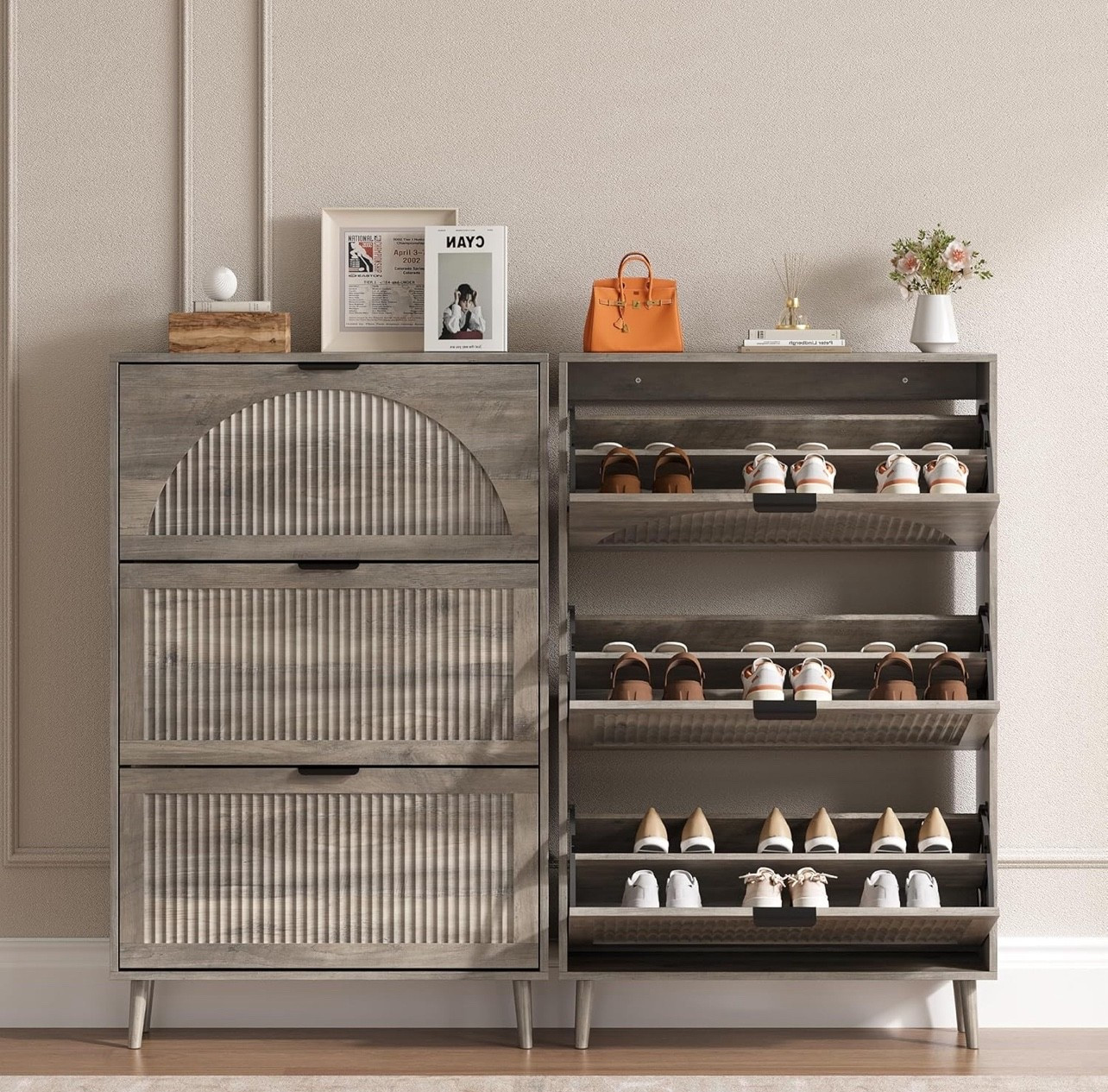 Shoe Cabinet for Entryway with 3 Flip Drawers, Slim Wooden Shoe Storage Organizer with Modern Fluted Pannel，Freestanding Narrow Hidden Shoe Rack for Hallway, Foyer, Living Room. Hold up to 18 pairs of shoes, including sneakers.

#LTKHome