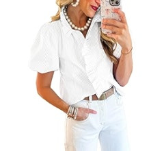 Melliflo Puff Sleeve Stand Collar Ruffle Blouses for Women Ruffle Trim Striped Shirt Elegant Tops... | Amazon (US)