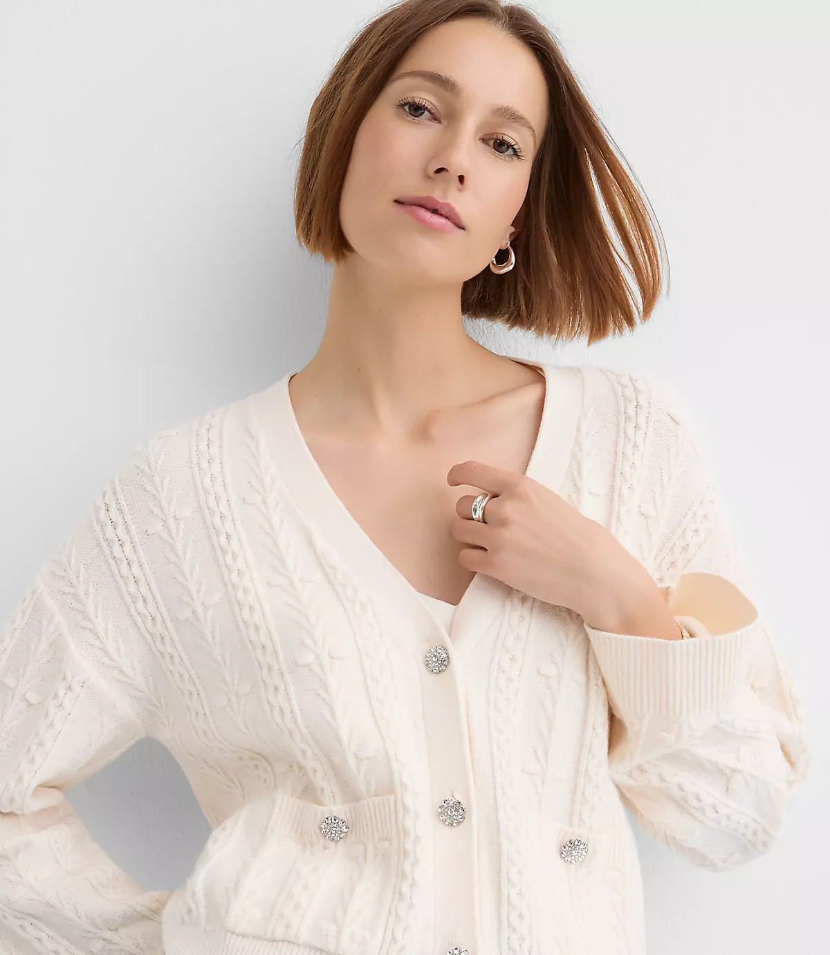 Crystal Button Cable V-Neck Cardigan | LOFT