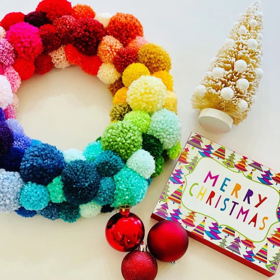 Ombré Rainbow Large Pom Pom Wreath, bright Christmas Wreath Free Shipping | Etsy (CAD)