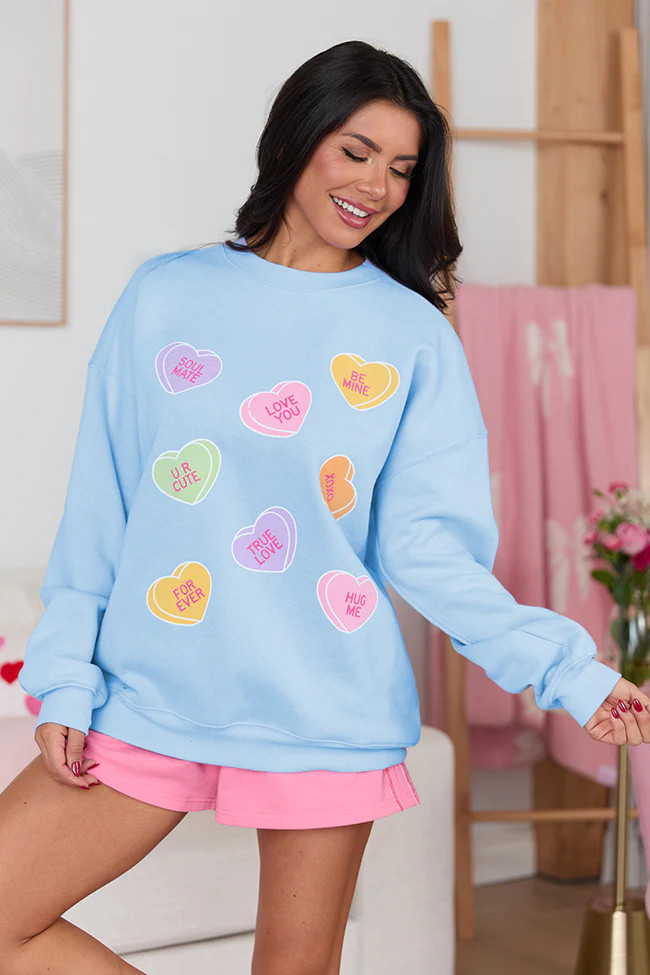 Candy Hearts Light Blue Graphic Sweatshirt | Pink Lily