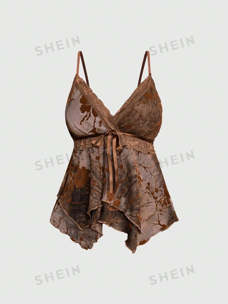 ROMWE Hippie Women Lace Contrast Allover Print Asymmetric Hem Camisole Top | SHEIN USA | SHEIN
