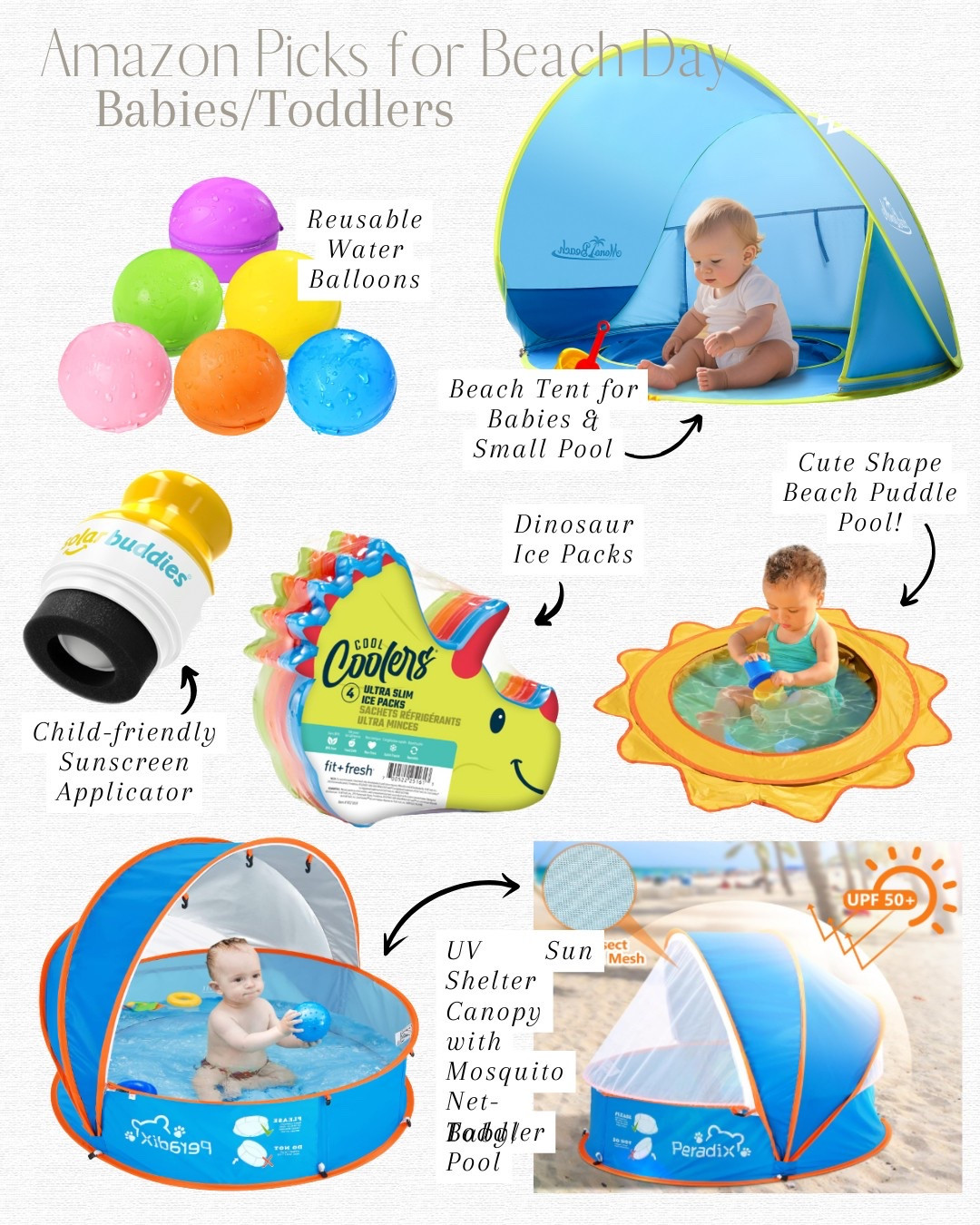 Amazon picks for beach day with toddlers and babies! Beach popup tents, splash pools pads, reusable water balloons, dinosaur shaped ice packs, sunscreen sponge applicator. #beachday #packinglist

#LTKBaby #LTKSeasonal #LTKKids