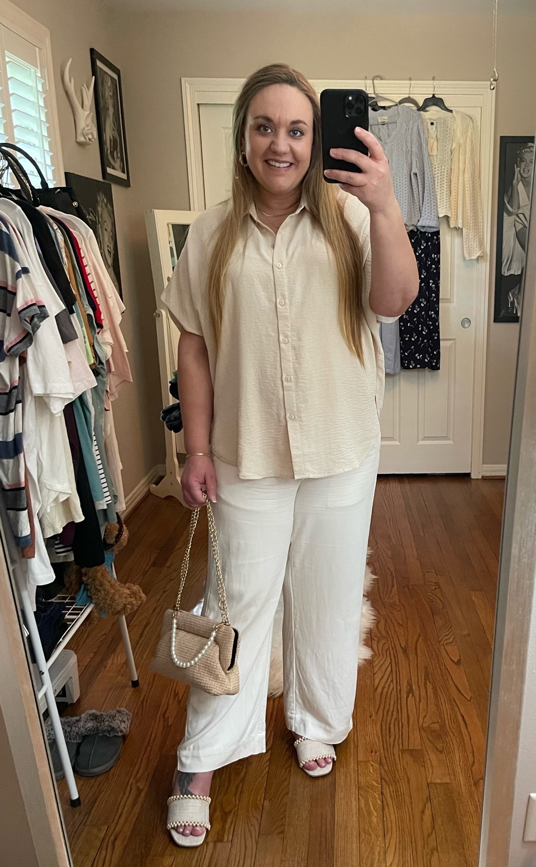 Spring outfit, monochromatic, spring style, spring sandals, target sandals, drawstring pants, pull on pants, work style, bump friendly, workwear, church outfit, church style, neutrals, neutral outfit

#LTKootd #LTKBump #LTKWorkwear