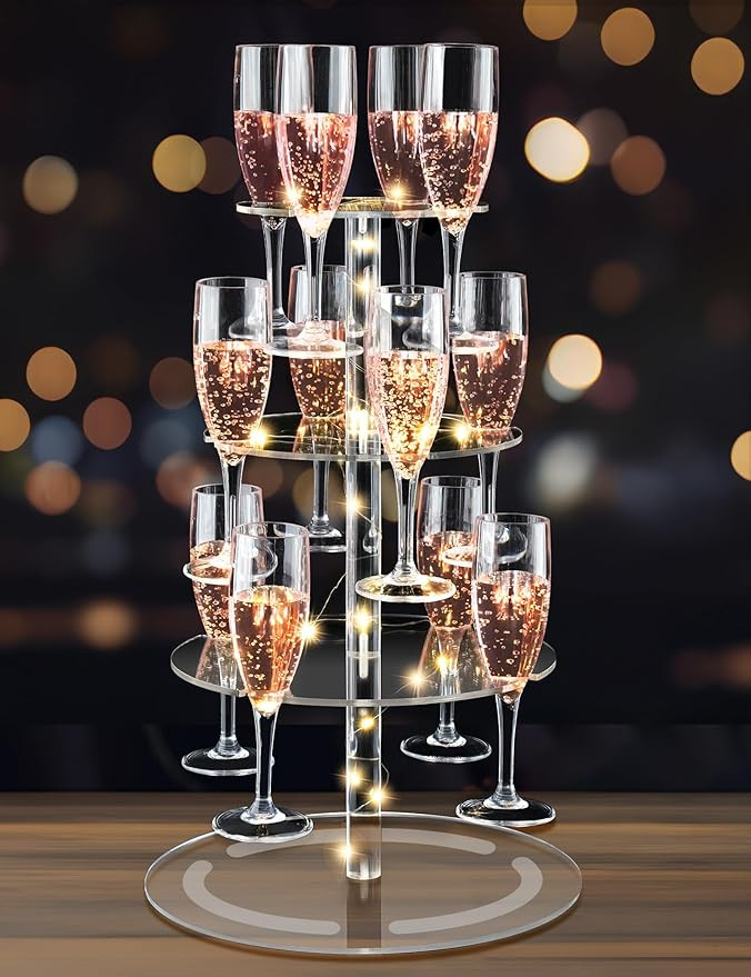 NiHome 3-Tier Clear Acrylic Champagne Tower with String Light, 12-Glass Cocktail Tree Stand Wine ... | Amazon (US)