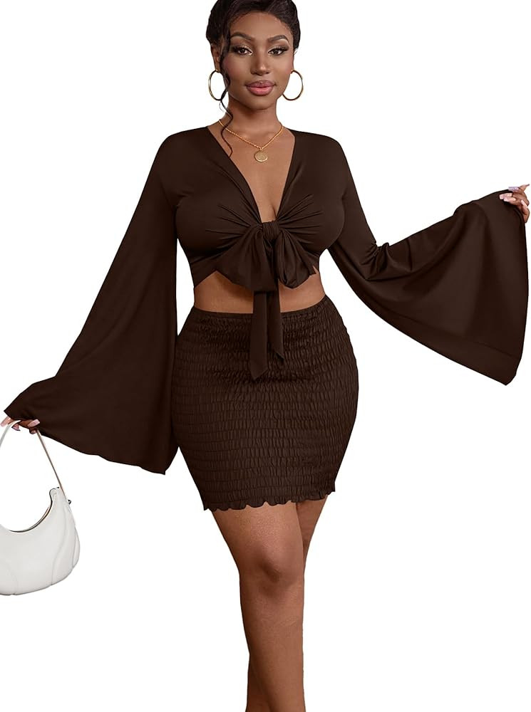 LYANER Women 2 Piece Vacation Outfits Tie Knot Front Bell Long Sleeve Crop Top and Mini Skirt Sum... | Amazon (US)