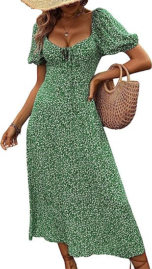 Verdusa Women's Puff Sleeve Sweetheart Neck Floral Print A Line Long Flowy Dress | Amazon (US)