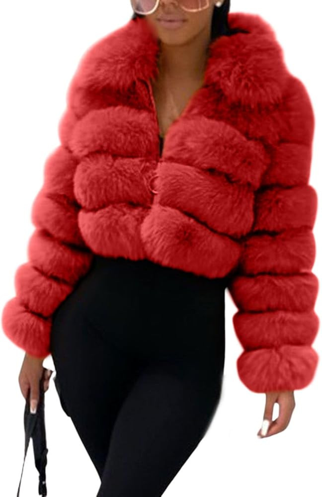 loveimgs Women Fluffy Faux Fur Coat Cropped Jacket Puffer Jacket Zip Up Winter Warm Fuzzy Teddy J... | Amazon (US)