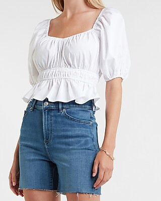 High Waisted Knit Raw Hem Jean Shorts | Express