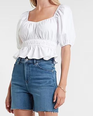 High Waisted Knit Raw Hem Jean Shorts | Express