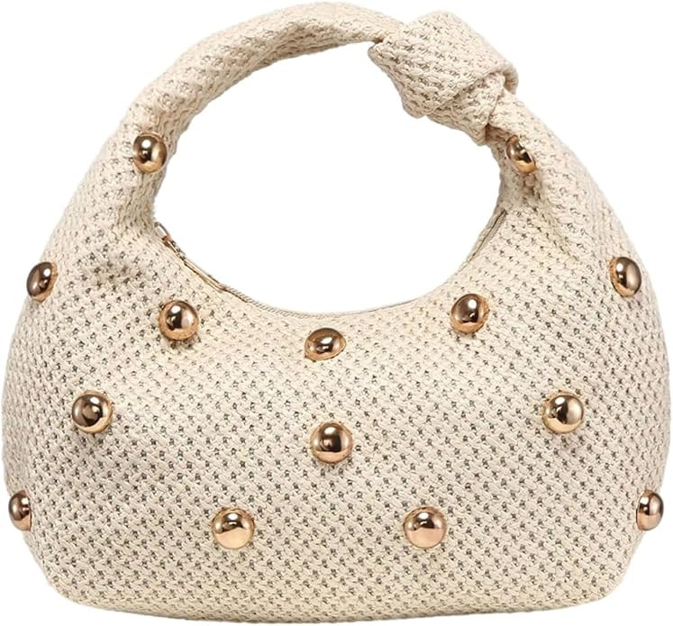 MakeMeChic Women's Rivet Studded Straw Bags Top Handle Knot PU Leather Satchel Handbags | Amazon (US)