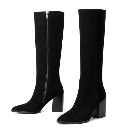 vivianly Women's Knee High Boots, Pointed Toe, Block Heeled Zip Up High Boots, Stylish Retro Suede Boots | Amazon (US)