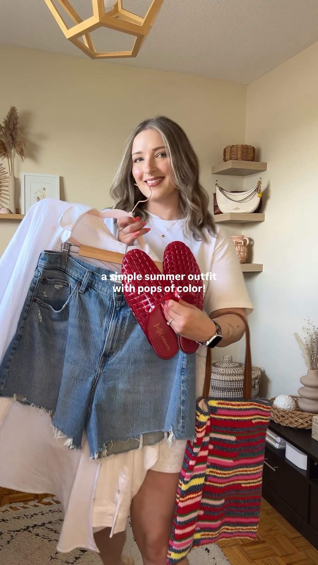 Easy summer outfit! Wearing my usual size L in the white button up shirt, sized up to 32 in the denim shorts. Jelly shoes are quite comfy, I’m a 9.5-10 shoe and wear a 10. Canadian shoe and bag links are under “similar products”

#LTKsummer #LTKsale #LTKmidsize