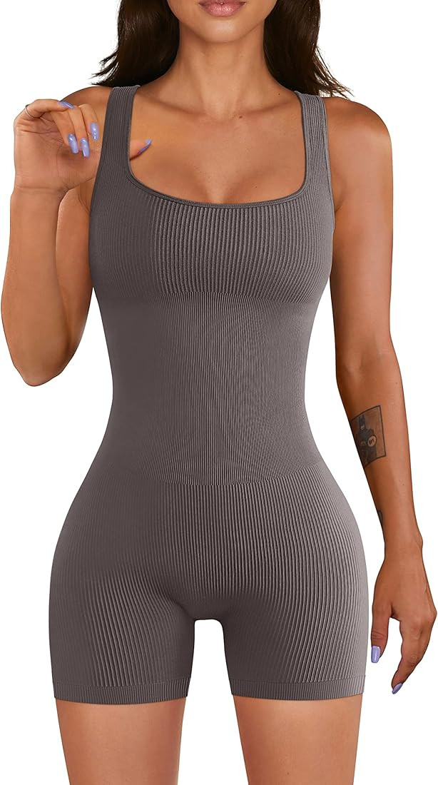 OQQ Women Yoga Rompers Workout Ribbed Square Neck Sleeveless Sport Romper | Amazon (US)