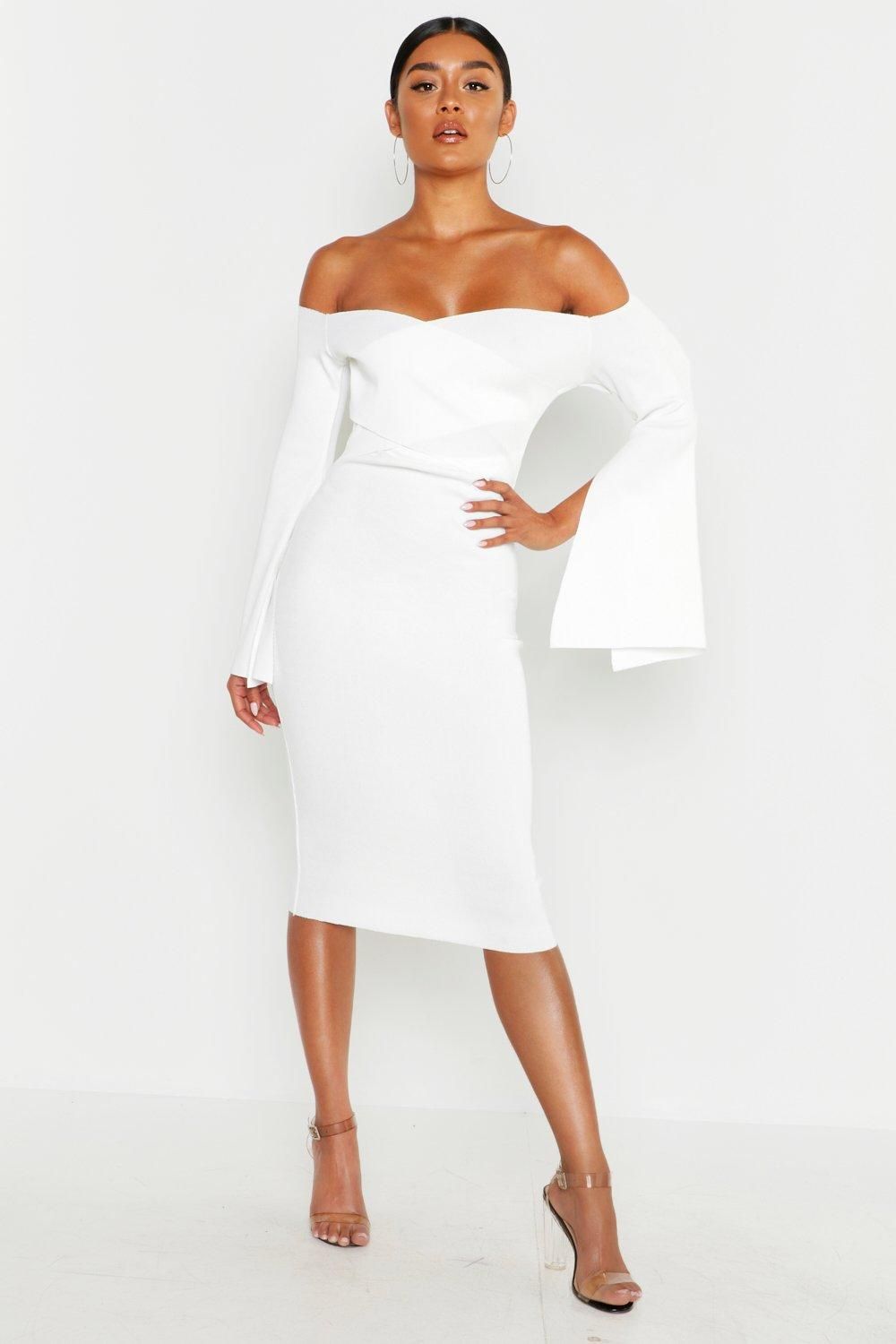 Womens Off The Shoulder Split Sleeve Rib Bodycon Midi Dress - White - 4 | Boohoo.com (US & CA)