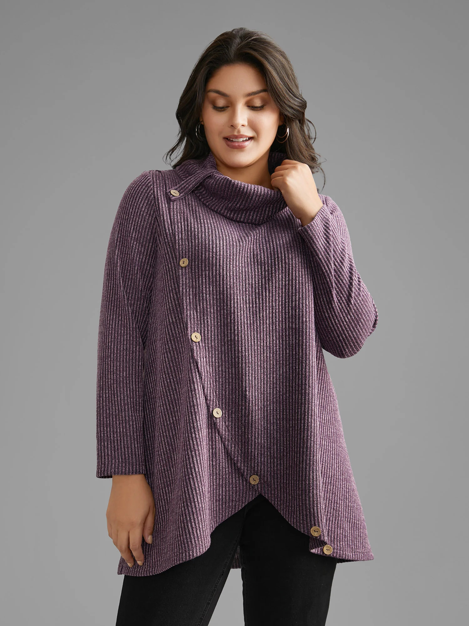 Rib Knit Button Detail Wrap Hem Sweatshirt | Bloomchic