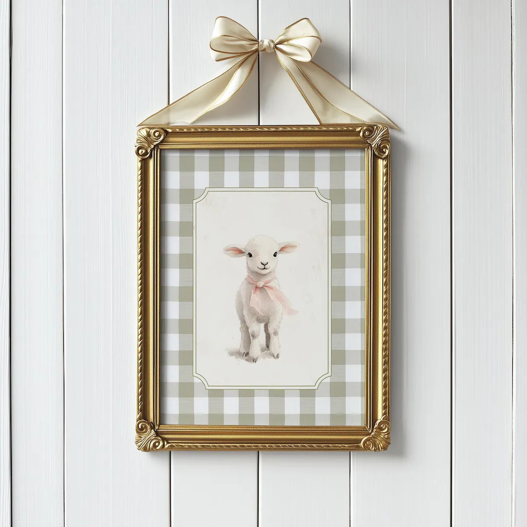 Cute Little Lamb Wall Art, PRINTABLE Beige Gingham Plaid Nursery Print, Spring Decor, Gender Neut... | Etsy (US)