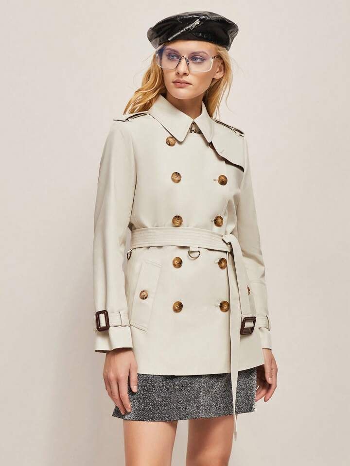 JAZZEVAR Double Breasted Belted Trench Coat | SHEIN