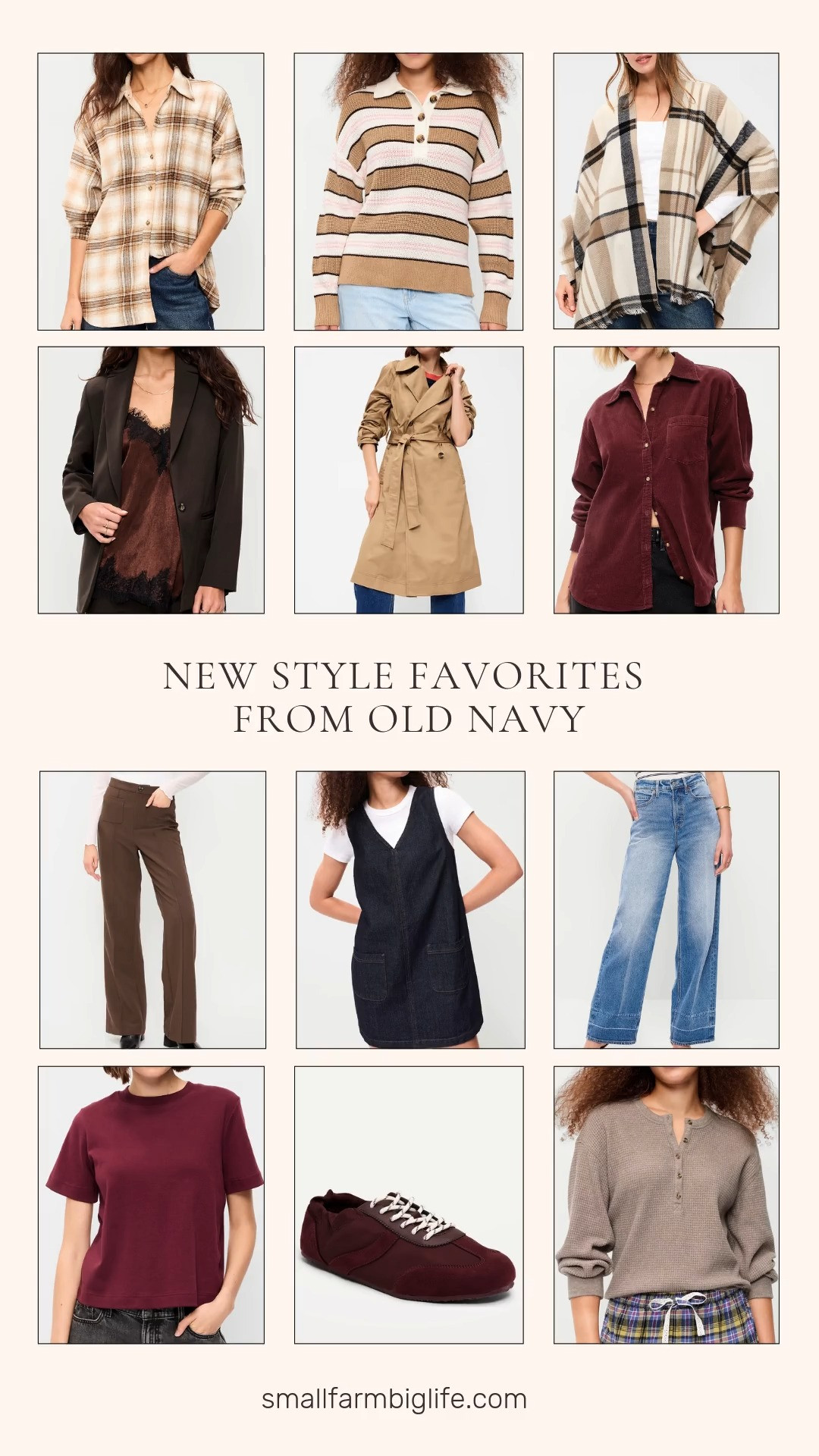 These new style favorites from Old Navy have such an easy, elevated feel for autumn outfits this season.

The teakwood Full Length Trench Coat is such a timeless outerwear piece, and the black coffee Classic Double Weave Blazer is a great business casual workwear layer for the office. For a more casual look, the neutral plaid Oversized Boyfriend Flannel Shirt and the burgundy Oversized Boyfriend Corduroy Shirt both have that relaxed, borrowed from the boys feel, and the black tan and beige Flannel Fringe Poncho adds a fun, textured layer for cooler days.

On the top side, the pink tan and beige striped Seaside Cotton Rugby Polo brings a preppy, collegiate touch, and the wine red Heavyweight Crewneck Tee and the mushroom waffle knit Henley are both easy basics to build around.

For bottoms, the dark wash Patch Pocket Denim Mini Dress is a fun, easy piece for date night outfits, and the brown High Waisted Patch Pocket Flare Pants and the medium wash Extra High Waisted Wide Leg Jeans are both great everyday staples for fall.

Finishing things off, the burgundy Ruched Lace Up Sneakers add a comfortable, trendy shoe option that pairs well with almost anything in this lineup.

So many great pieces to shop for fall fashion hauls, all linked for you.

#oldnavy #fallfashion #falloutfits #autumnoutfits #businesscasual 

 #LTKootd #LTKOver40 #LTKSaleAlert