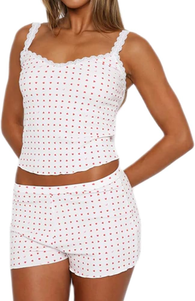XBTCLXEBCO Women Sexy 2 Piece Pajama Set Sleeveless Lace Trim Crop Cami Top and Shorts Pj Set Y2K... | Amazon (US)