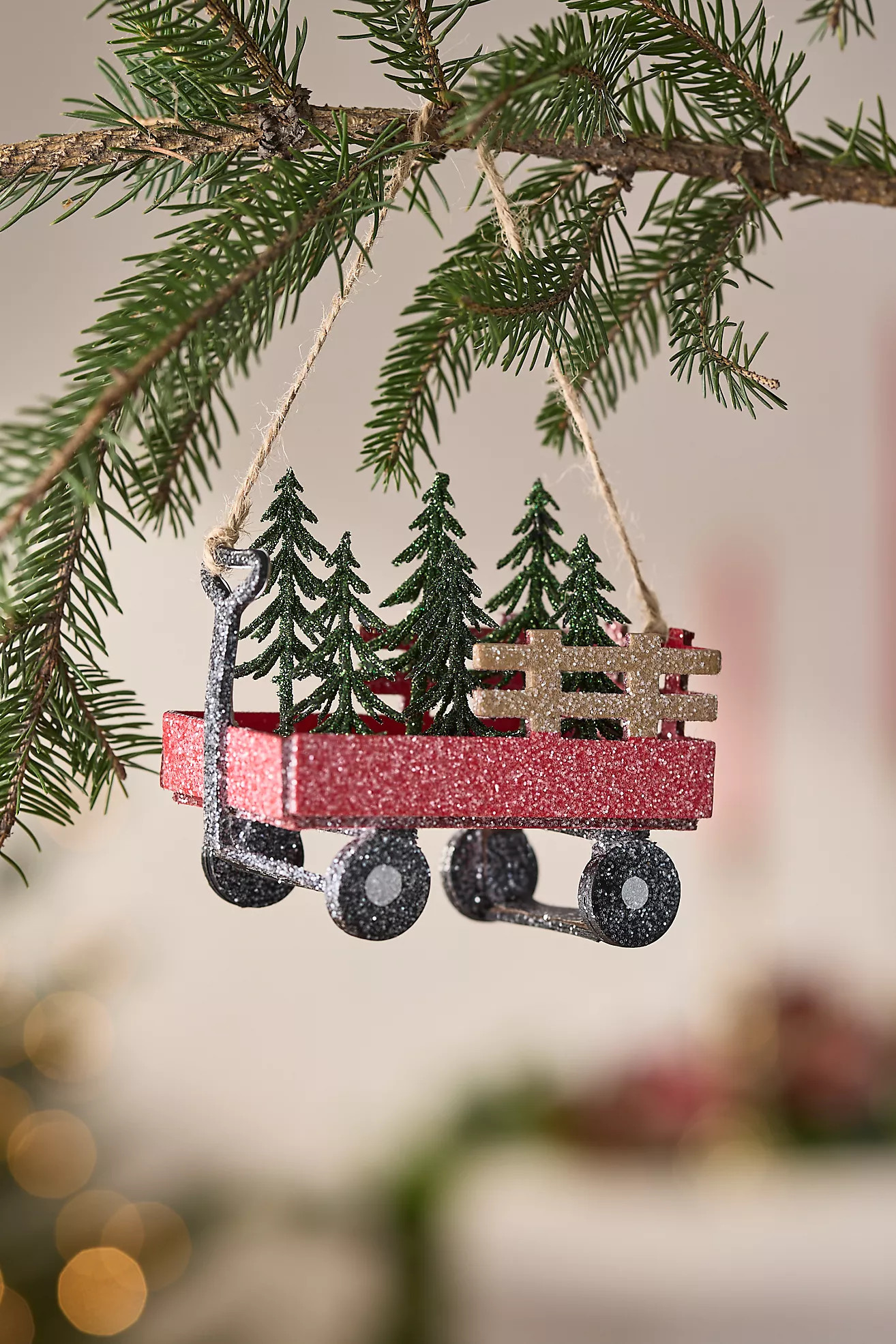 Glittery Evergreens in Red Wagon Ornament | Anthropologie (US)