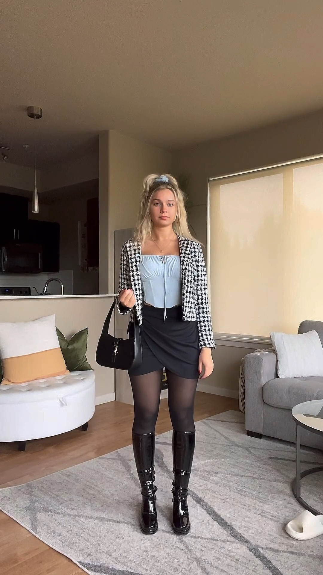 Sorry for not having the links. The skirt is Aritzia and not partnered with LTK. The name of the skirt is Saturn mini skirt. The blazer is sold out but can be found second hand by the name PLM houndstooth tweed cropped jacket. The blue corset top is from PacSun many years ago. Hope this helps! 

Update: LTK is partnered with Aritzia 🥰

#LTKVideo #LTKstyletip #LTKworkwear