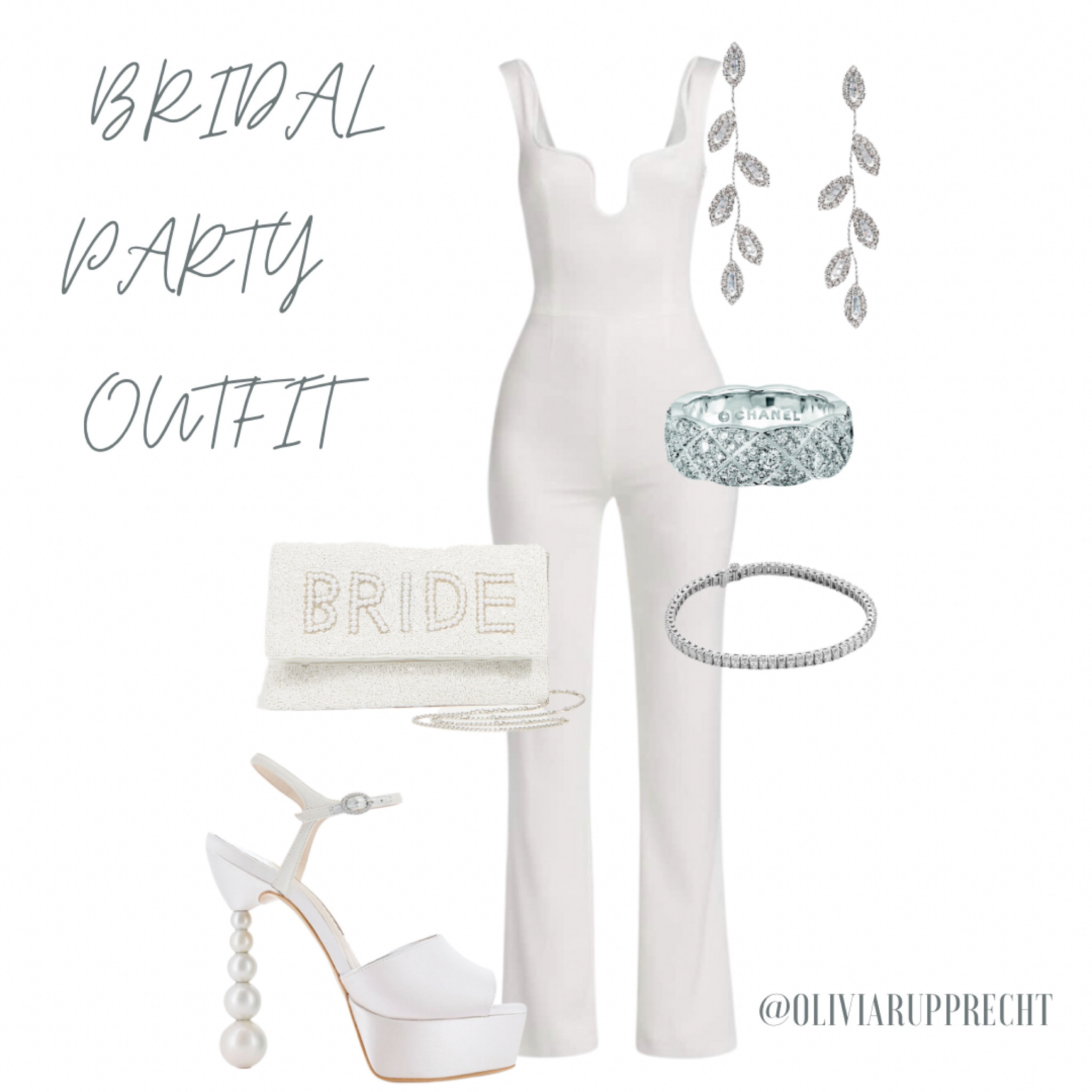 Bridal party outfit | heels | jumpsuit | white | sliver | purse | rings | earrings | bracelet | wedding | party | married | 

#LTKwedding #LTKU #LTKstyletip