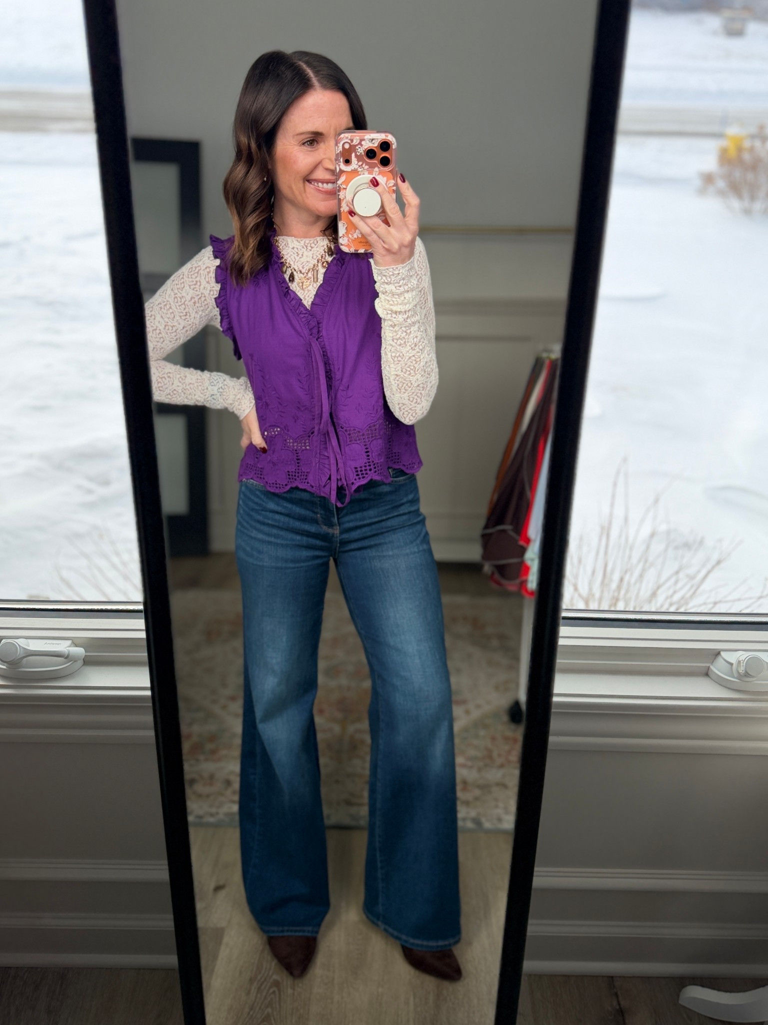 Purple Top: XS
Lace Top: Similar
Jeans: 0 Short 

#LTKPetite