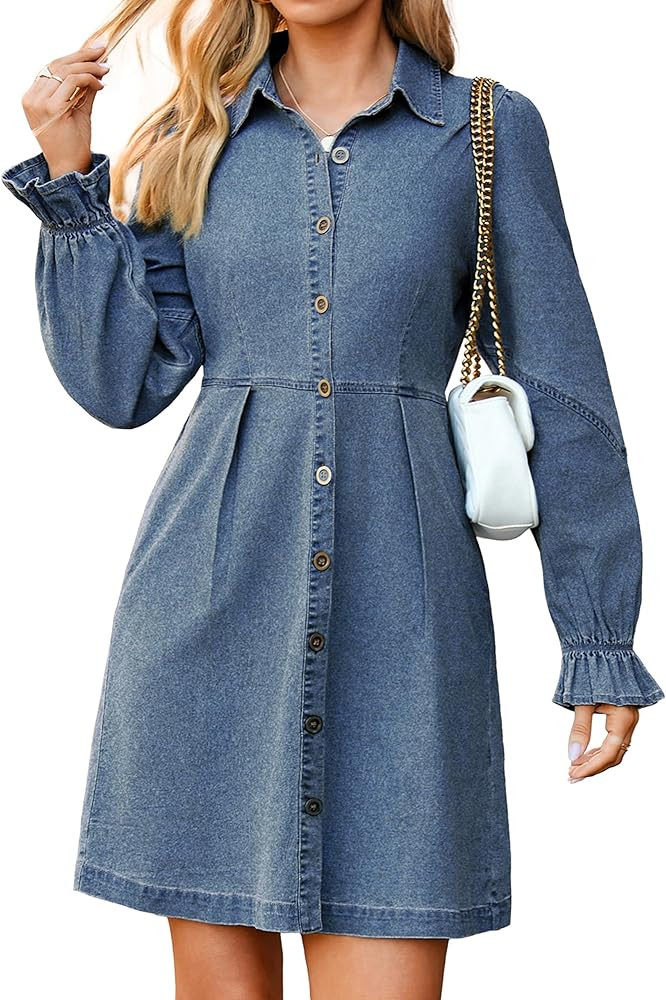 Simplee Womens Denim Dress Long Sleeve 2025 Fall Western Outfit Babydoll Button Down Mini Jean Dr... | Amazon (US)