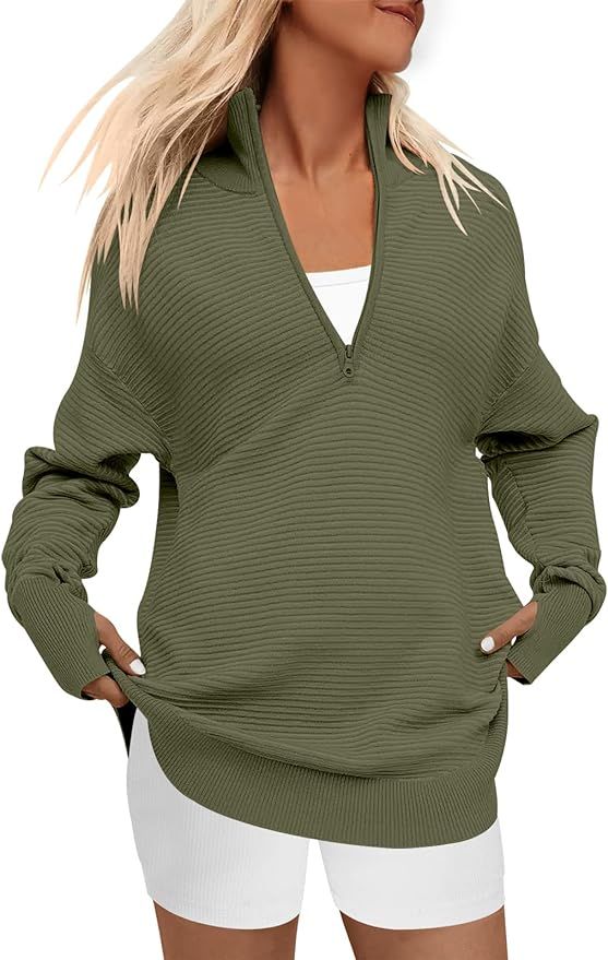 ANRABESS Women’s Long Sleeve Half Zip V Neck Collared Casual Slouchy Ribbed Knit Pullover Sweat... | Amazon (US)