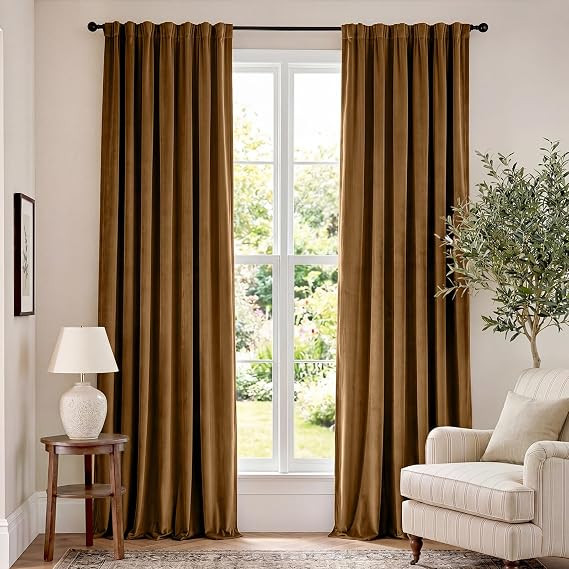 Lazzzy Velvet Curtains 96 Inches Long Gold Brown Blackout Room Darkening Curtain Thermal Insulate... | Amazon (CA)