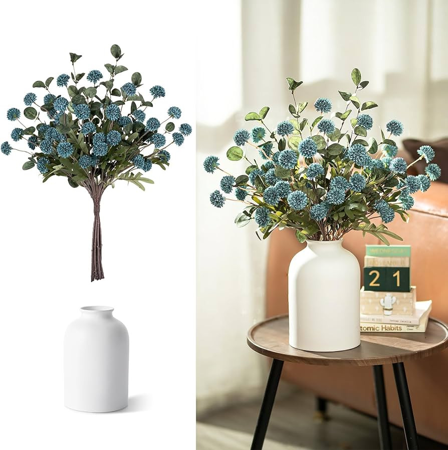BLOSMON Blue Flowers Artificial for Decoration: Ceramic Vase with 12 Stems of Dusty Blue Flowers ... | Amazon (US)
