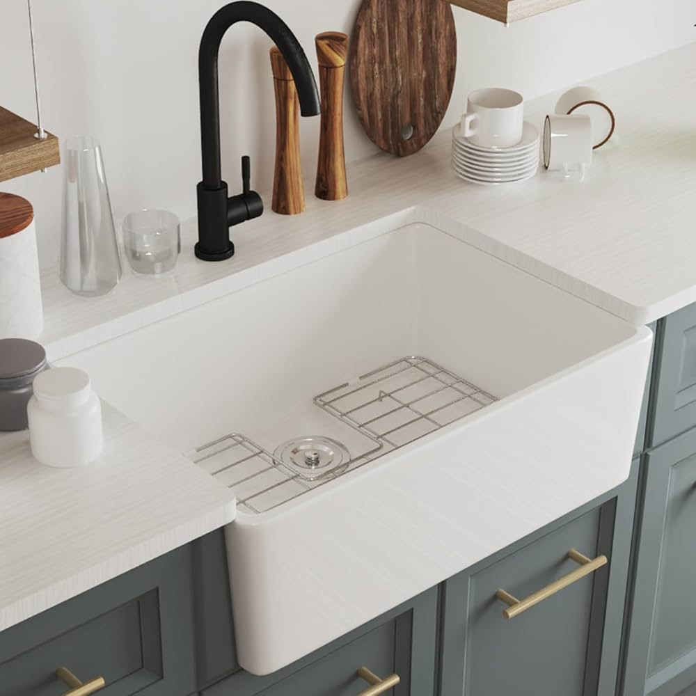 DeerValley Fireclay Farmhouse Sink with Bottom Grid and Strainer, Apron Sink, White Farmhouse Kit... | Amazon (US)